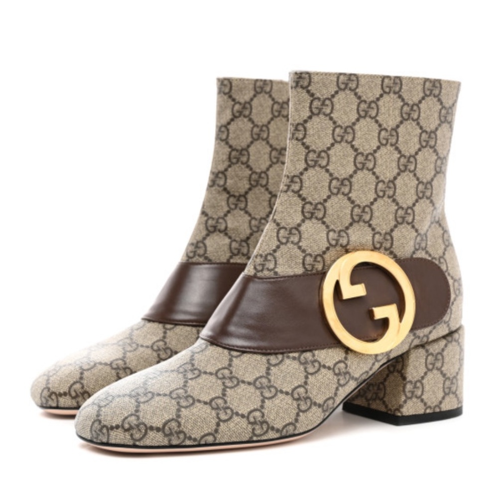NIB Gucci Beige and Brown Ankle Boots with Gold Buckle - Size 40.5 - Picture 3 of 4